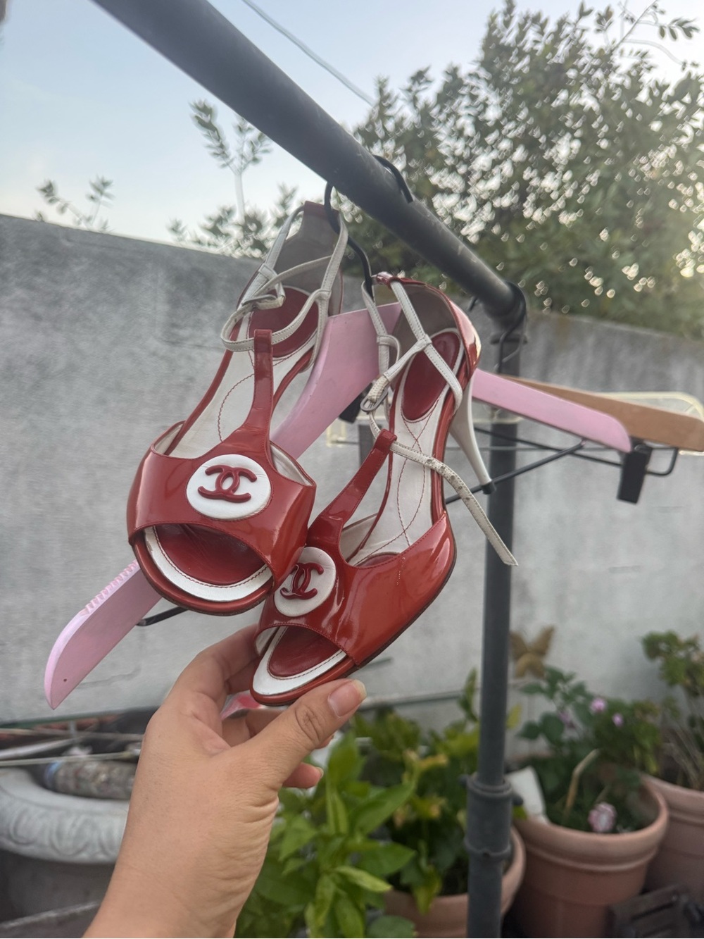 CHANEL Red and White Patent Peep-Toe Heels with CC Medallion - Picture 5 of 11